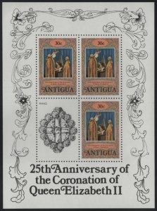 Antigua 1978 MNH Sc 509 30c Coronation Sheet of 3, Ring label Coronation 25th