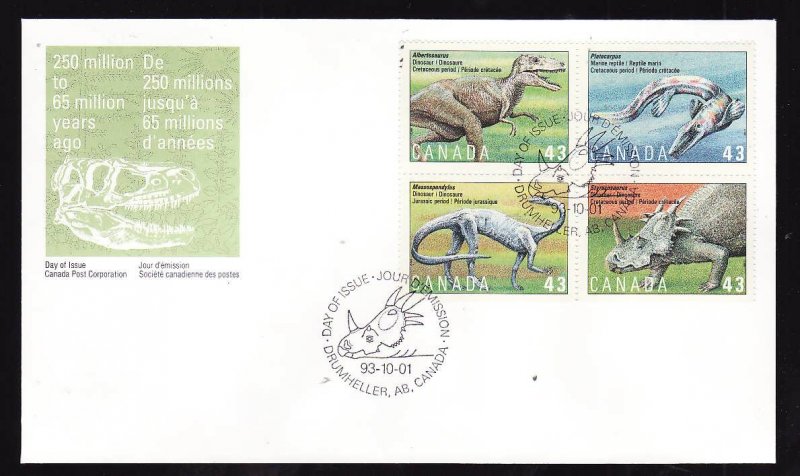 Canada-Sc#1498a-stamps on  FDC-Dinosaurs-Prehistoric animals-1993-