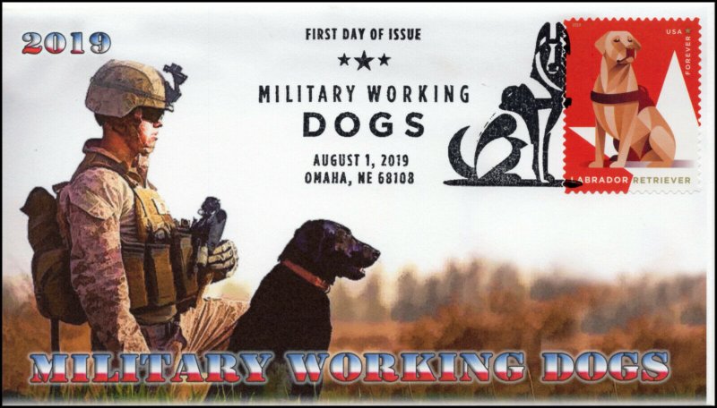 19-168, 2019, Military Working Dogs, Pictorial Postmark, FDC, Labrador Retriever