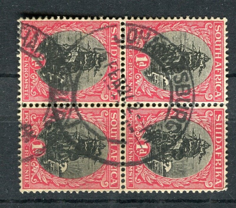 SOUTH AFRICA; 1920s-30s Dromedarius issue 1d. fine used POSTMARK BLOCK of 4