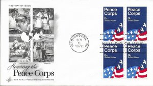 1972 FDC, #1447, 8c Peace Corps, Art Craft, block of 4