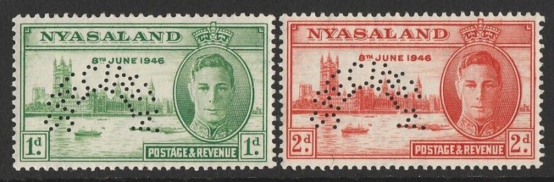 NYASALAND 1946 KGVI Victory set 1d & 2d, perf SPECIMEN. MNH **.