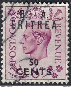 ERITREA 1950 KGVI 50c on 6d Purple SGE20 Used