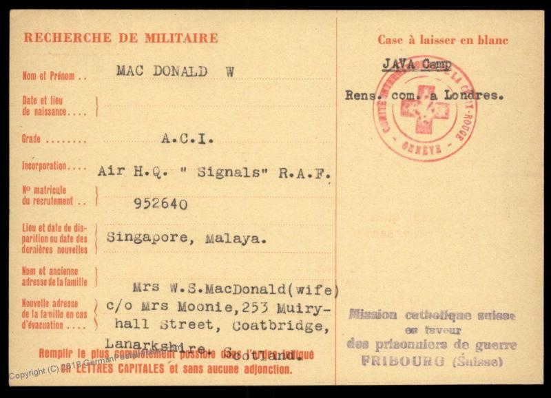 UK 1944 Singapore RAF Japanese POW Java Camp Red Cross Cover Catholic Swit 89257