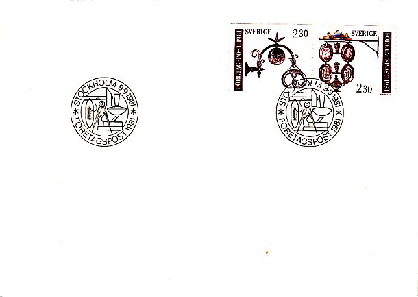 Sweden 1981 FDC Sc #1385a Pair Baker's sign, Pewter shop sign