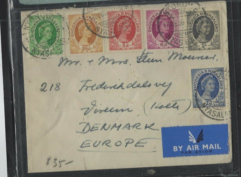 RHODESIA & NYASALAND (PP1302B)1956 QEII 1D-1/- 6 VALUES COVER SENT NTONDWE TO DE