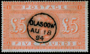 GB QV SG137, SCARCE £5 orange, FINE USED. Cat £3500. CDS AM 