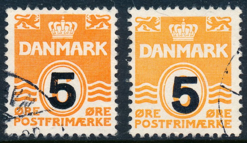 Denmark Scott 355 (AFA 361), 5ø orange Provisional, F-VF U, Red-orange SHADE