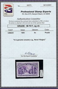 US 235 UNUSED ORIGINAL GUM MNH 6 CENT COLUMBIAN, 1893, PSE CERT GRADED FINE