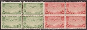 US Stamp - 1937 25c & 50c China Clipper - Blocks of 4 Stamps - MNH #C21-2