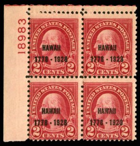 United States, 1910-30 #647 Cat$180, 1928 2c Hawaii, plate block of four, nev...