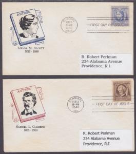 US Sc 859-863 FDCs. 1940 Famous American Authors cplt on matched FDCs