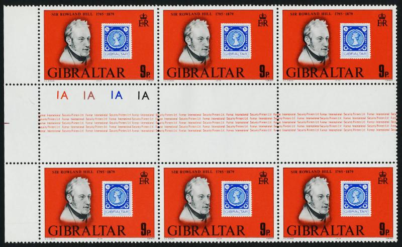 Gibraltar 378-81 Gutter Pair Blocks of 6 MNH Stamp on Stamp, Rowland Hill