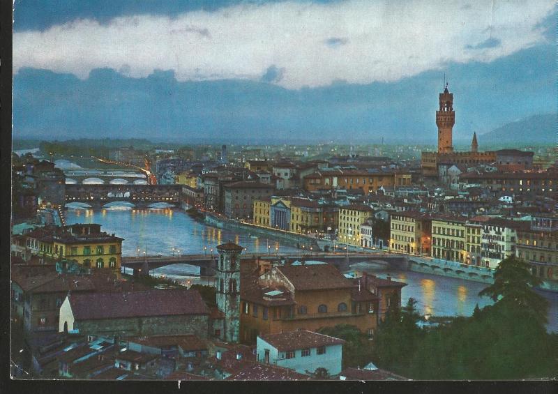 J) 1965 ITALY, POSTCARD, ILLUSTRATED PEOPLE, VIEW OF THE BRIDGETS, CITY OF NIGTH