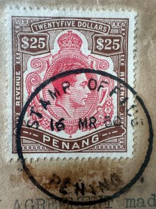 MALAYA 1950 PENANG KGVI $25 Revenue Used on piece ISC#R1 M5491