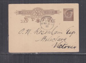 SOUTH AUSTRALIA, POSTAL CARD, 1898 1d. Brown to Melbourne.