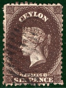 CEYLON QV Classic Stamp SG.55cx 6d Blackish Brown *WMK REVERSED* Cat £75 SBLUE37