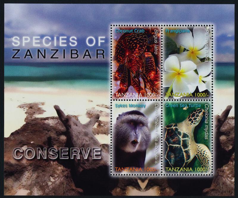 Tanzania 2438 MNH Crab, Monkey, Turtle, Frangipane flower