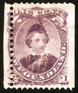 Newfoundland #32 1868-1894 1c Violet Prince of Wales, Unused Hinged, Perf Error