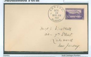 US 800 3c alaska FDC, nov. 12, 1937, juneau, alaska, addressed, w/o cachet or fdi cancel, but date confirms fdc status, slight t