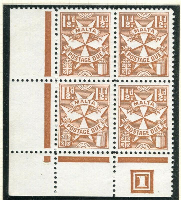 MALTA; 1953 early Postage Due issue fine MINT MNH Corner 1.5d. Block