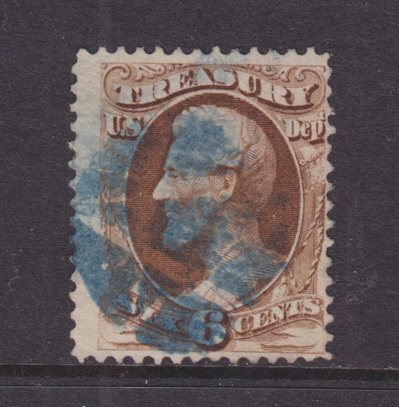 US Sc O75 used. 1873 6c Treasury, Blue Negative Star Fancy Cancel