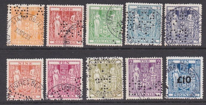 NEW ZEALAND Arms Type values to £10 fiscally used with official perfins....D3289