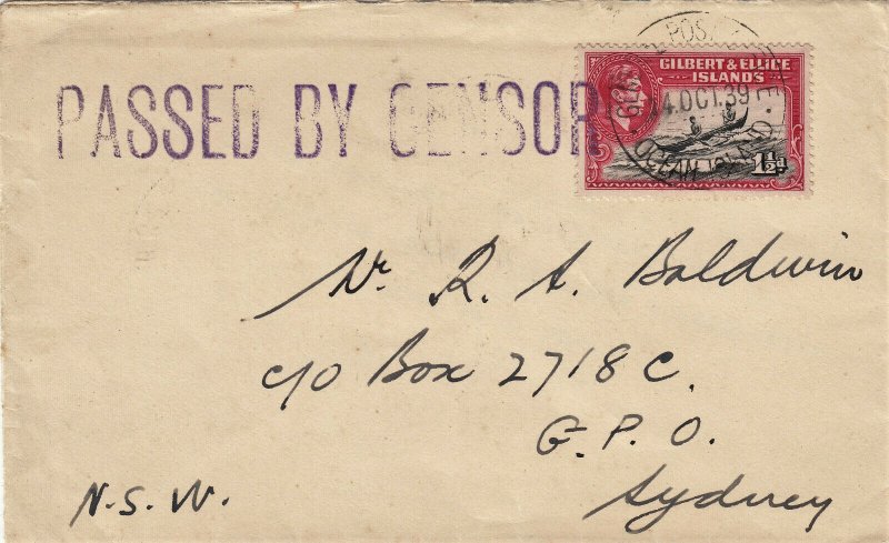 Gilbert & Ellice Islands 1939 KGVI 1½d Canoe on Censor Cover to Sydney