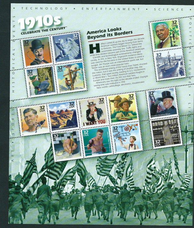 US SCOTT #3182-91 - CELEBRATE CENTURY CMPLT SET SHEETS  MINT NH - FACE: $48.90