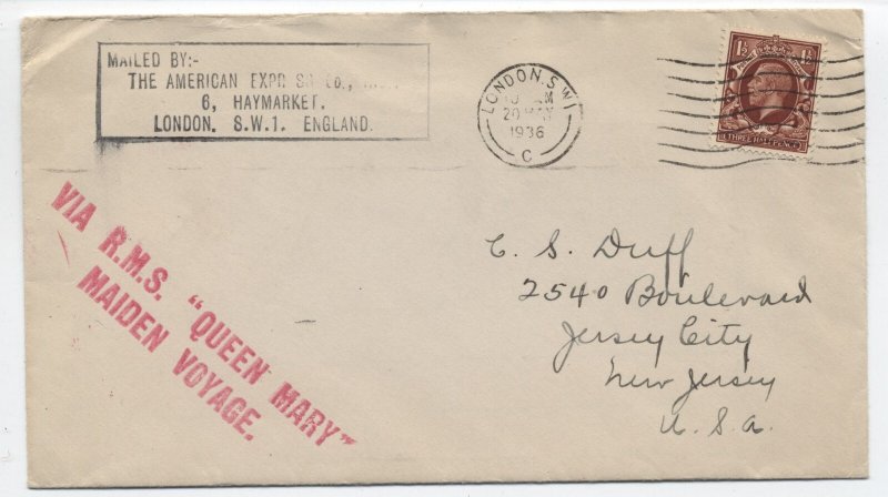 1936 RMS Queen Mary maiden voyage cacheted cover to USA [y10449