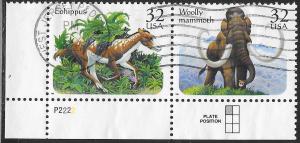 US 2077-2078 Used - Prehistoric Animals - Eohippus & Woolly Mammoth - PNS