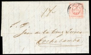 Peru #11, 1860 1p rose, large margins including part of adjoining stamp at bo...