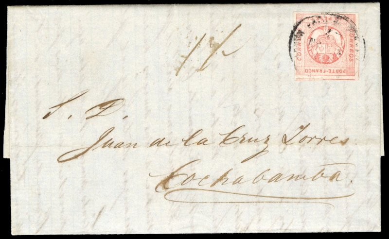 Peru #11, 1860 1p rose, large margins including part of adjoining stamp at bo...