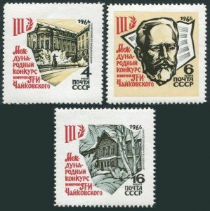 Russia 3207-3209,hinged.Mi 3218-3220. Tchaikovsky Contest,Moscow 1966.Monuments.