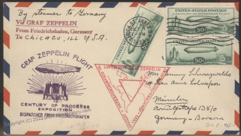 USA 1933 Graf Zeppelin Chicago Century of Progress Flight C18 Mi352Ca Cov 107592