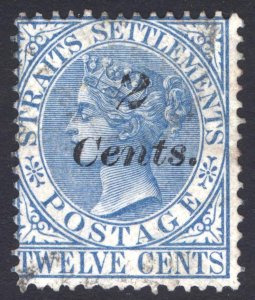 Malaya Straits Settlements 1883 2c on 12c Blue Scott 62 SG 62 VFU Cat $180