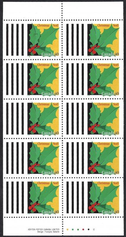 Canada #1588a 40¢ Holly (1995). Pane of 5 stamps. MNH