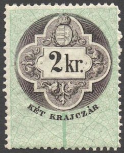 HUNGARY 1868 Barefoot 3, 2kr Mint NH Revenue Perf 12, VF, short variety