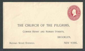 1899 U362 2c Red On White Mint Entire Pre Addressed To Church Of The Pilgrims---