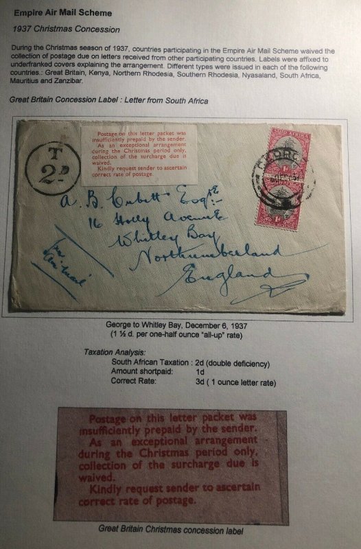 1937 George South Africa Christmas Concession Label Cover To Whitley Bay England