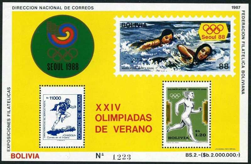 Bolivia 712b/C299b Michel Bl.166,MNH. Olympics Seoul-1988:Running,swimming.