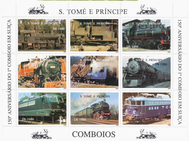 Sao Tome and Principe. 1997. 1730-38 bl366-69. Railway. MNH. 