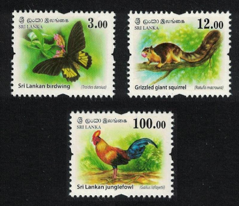 Sri Lanka Junglefowl Cockerel Butterfly Birds Squirrel 3v