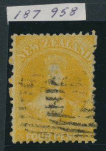 Sg 120 Neuf Zélande 1864-67. 4d Jaune Wmk Grand Étoile, Perf 12½ .Fin Utilisé