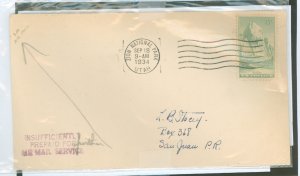 US 747 rare use of 8 cent Parks stamp on cover to Puerto Rico: but auxiliary mark says insufficiently prepaid for further air