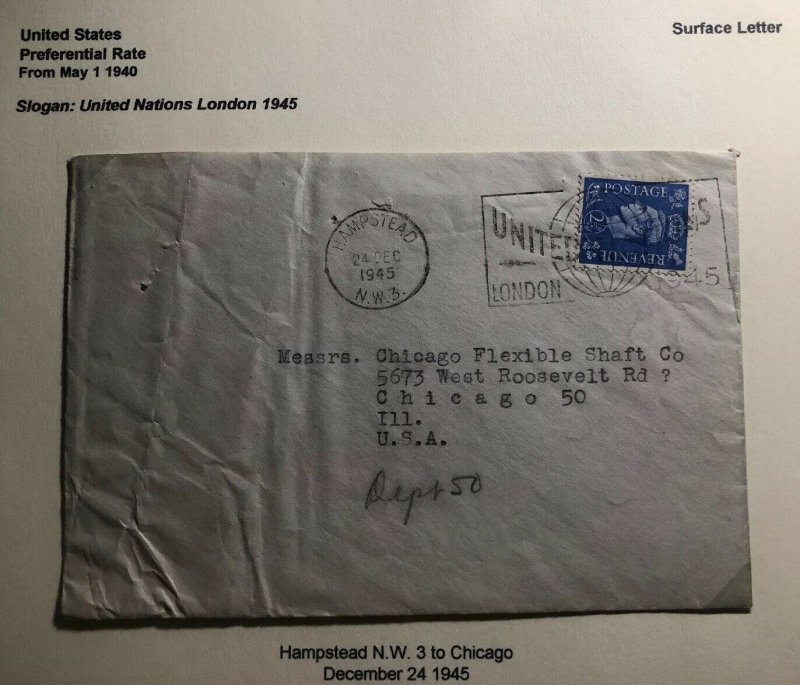 1945 Hampstead England Cover To Chicago USA United Nation Slogan Cancel