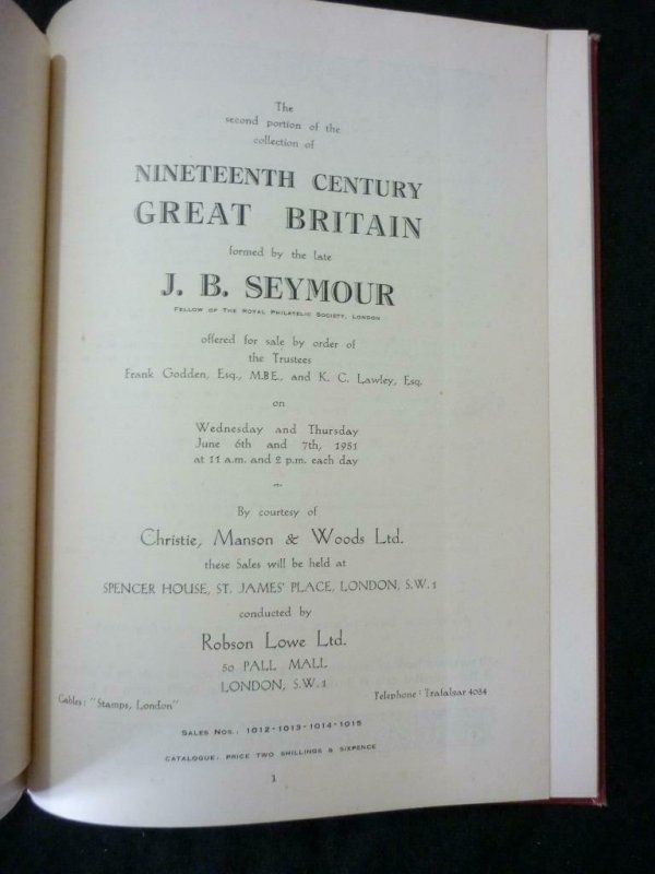 ROBSON LOWE AUCTION CATALOGUE 1951 GB THE 'J B SEYMOUR' COLLECTION PART 2 BOUND