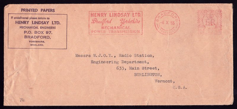 LINDSAY ENGINEERS ENGLAND TO STATION WJOY IN VERMONT - ER STAMPED COVER 1955