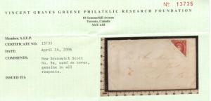 New Brunswick #9a Very Fine Used Rare Bisect On Cover To Baie Verte *With Cert.*