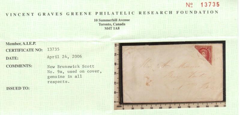 New Brunswick #9a Very Fine Used Rare Bisect On Cover To Baie Verte *With Cert.*